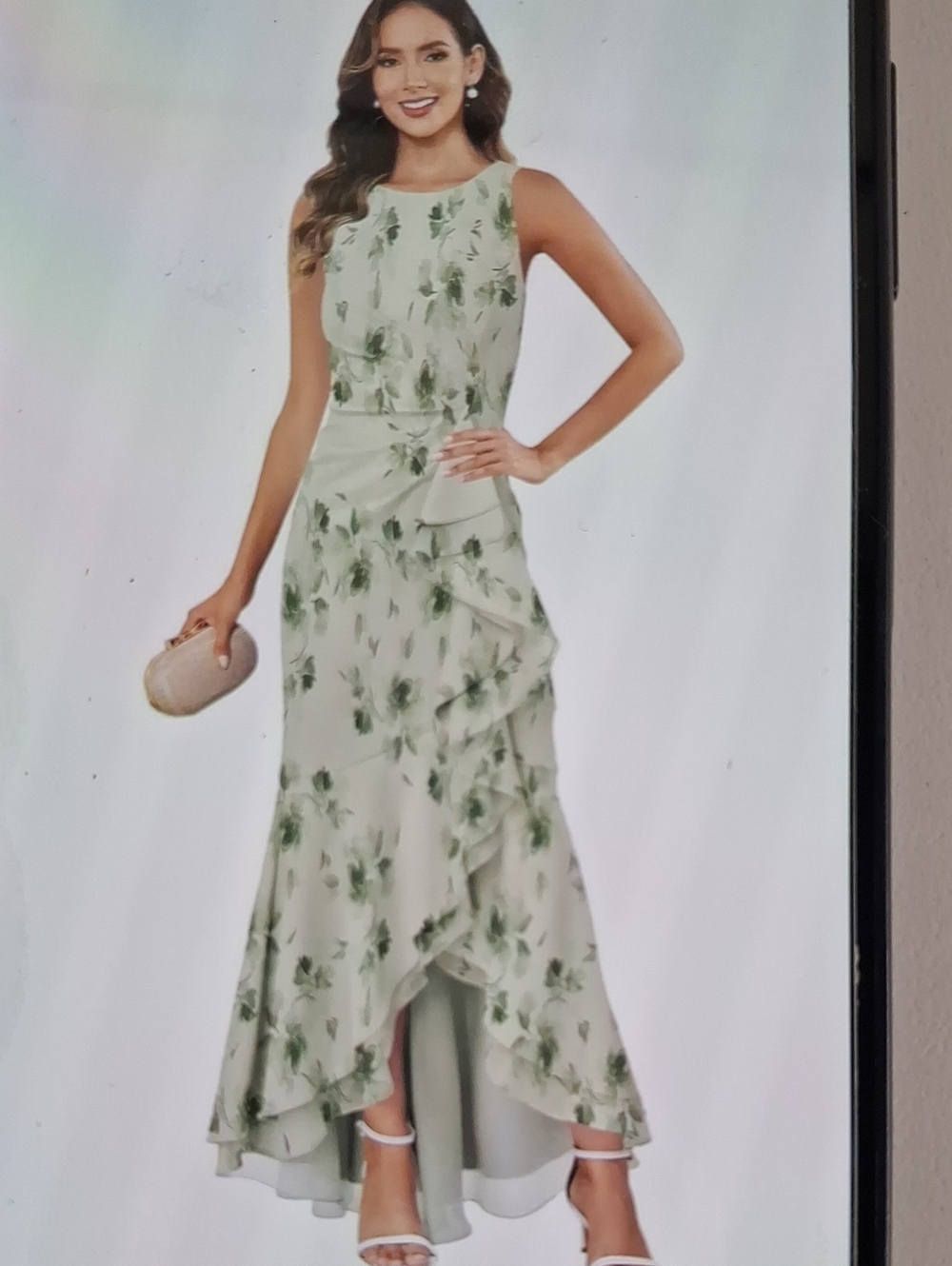 NWT Womens Chiffon Sage Floral Ruffle High-Low Evening Dress